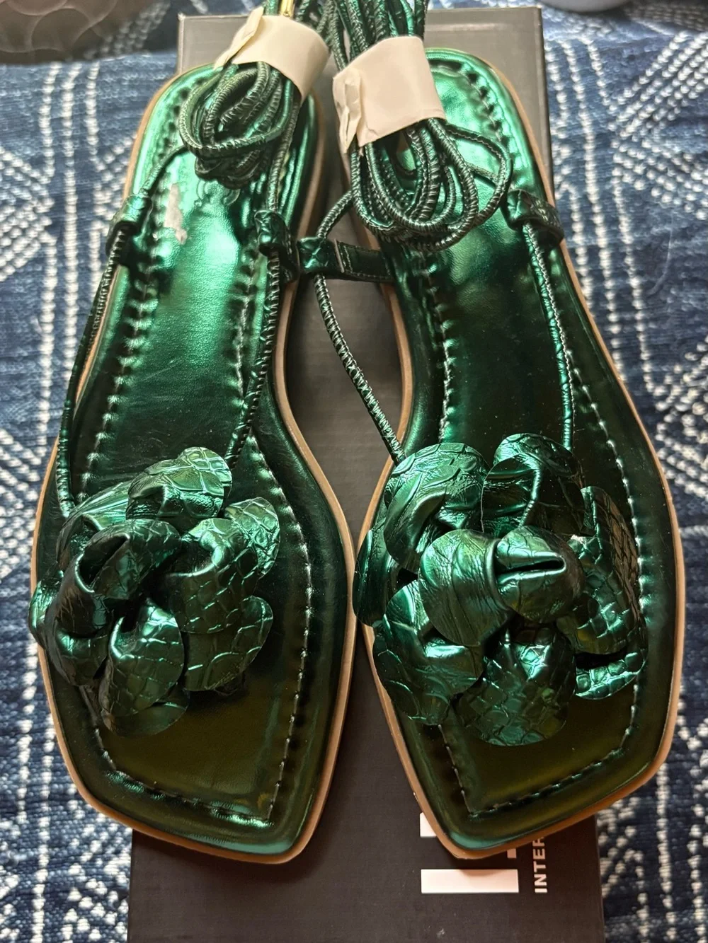 INC Gilma Metallic Emerald Green Flower Lace-Up Sandals